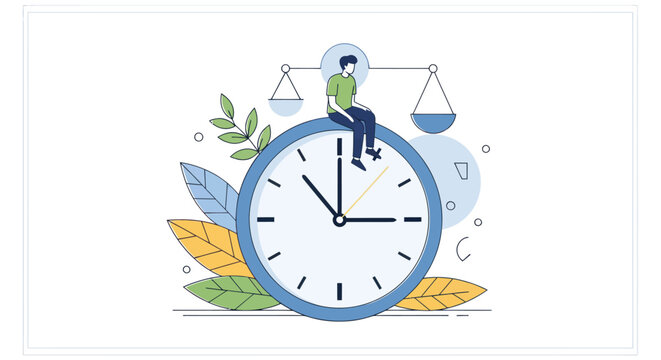 Man sitting on clock near scales, abstract leaves