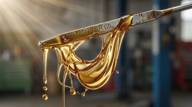 Close up of fresh golden engine oil dripping from a dipstick in a mechanic's workshop