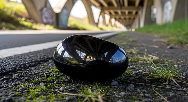 A shiny black bicycle helmet abandoned on the asphalt roadside under a concrete overpass bridge.