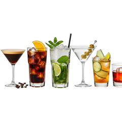 Fototapeta premium Assortment of colorful cocktails and drinks on transparent background