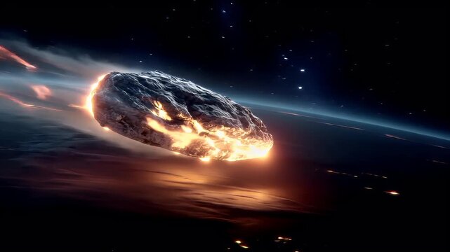 Space universe exploration, fantasy, mysterious. A vivid, highresolution depiction of an asteroid approaching Earth from space. The asteroid is the main subject.