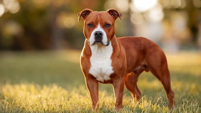 Brown dog standing on grass during sunset in a park with trees, looking at the camera