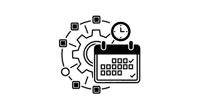 Calendar Icon with Gear and Clock.