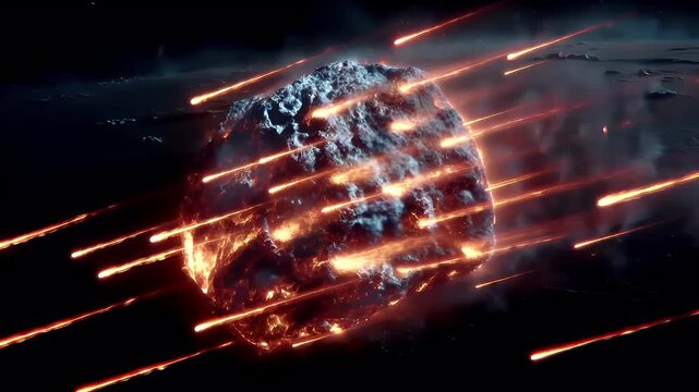 Space universe exploration, fantasy, mysterious. A vivid depiction of a celestial scene depicts a large, fiery object, likely a meteor or comet, in the foreground.
