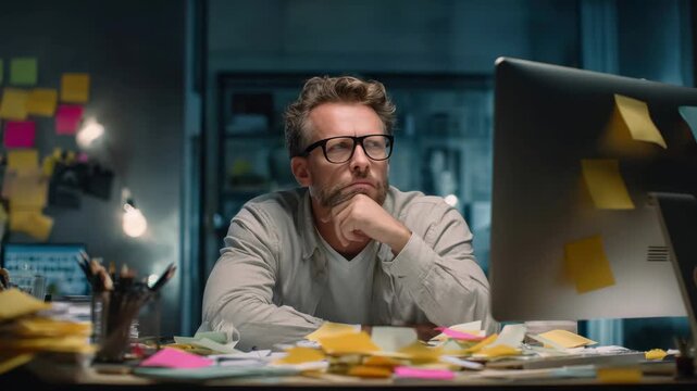Man sitting at a desk full of notes thinking about his work late at night in a home office