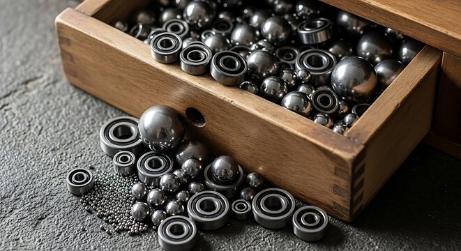 Wooden drawer filled with assorted metal ball bearings and industrial spheres.