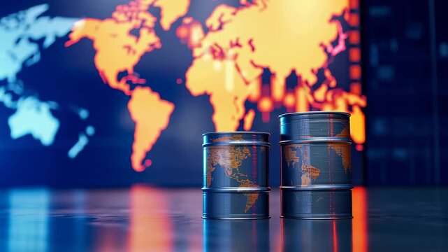 Oil barrels on table with world map and stock market data in background during business discussion