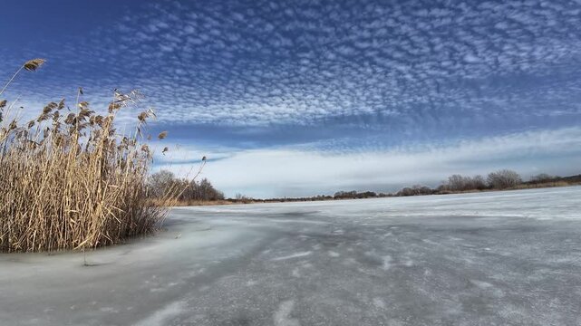 Frozen Lake with Reeds Under Dramatic Patterned Winter Sky