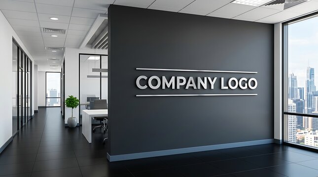 Modern office interior with city view and company logo