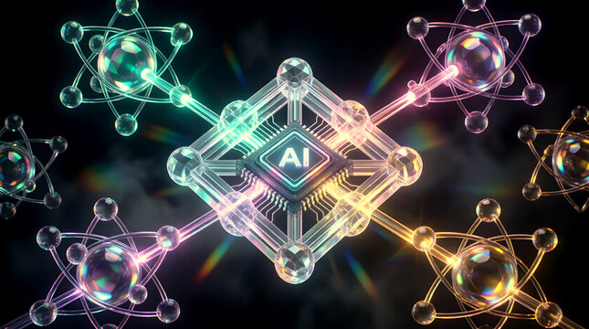 AI generative materials discovery iridescent lattice hero for materials whitepaper, machine learning materials genome, Fortune 500 materials R&D briefing