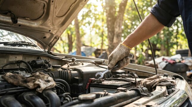 Mechanic wearing gloves works on car engine with wrench oil Maintenance