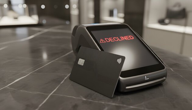 Black credit card sitting next to a payment terminal showing a declined message at a luxury store for financial failure and debt concept with blurred boutique background