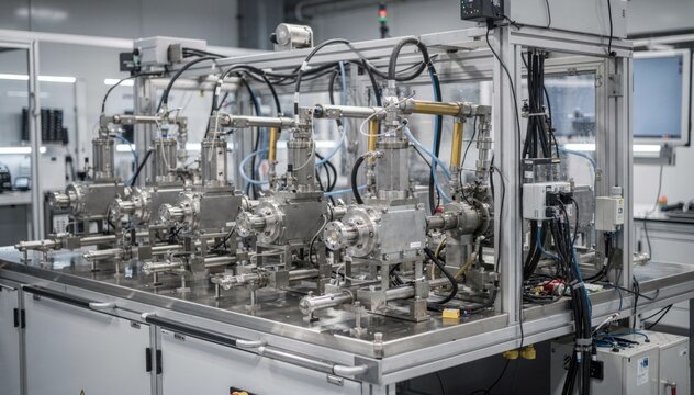 Medium shot of an automated endofline test bench performing endurance testing on pumps showcasing programmable rigs cycling equipment under prolonged operational conditions.