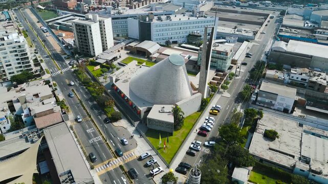 Cinematic drone footage of the Sagrado Coraz&oacute;n de Jes&uacute;s sanctuary architecture, religious landmark in Surco district, Peru.