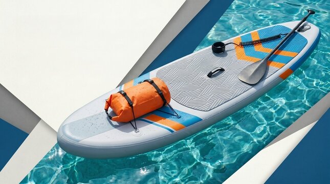 Stand up paddle board with orange waterproof bag and paddle floating on pool water. Summer outdoor leisure activity equipment. Water sport gear for hobby, fitness and beach vacation recreation.