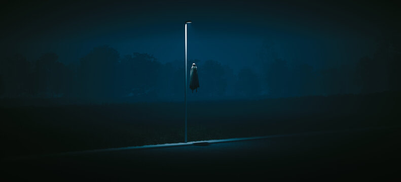 Ghost Floating Phantom Spirit Apparition Under Streetlight on Dark Road Eerie Night Atmosphere 3D Illustration