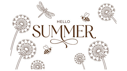 Summer greeting card design with line art dandelions bees and dragonfly on white background. © abedin