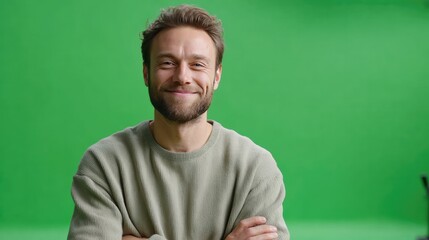 Fototapeta premium Smiling in Green: A charismatic man with a gentle expression and charming smile, positioned against a vivid green backdrop, embodying approachability and positive energy.