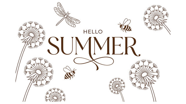 Summer greeting card design with line art dandelions bees and dragonfly on white background.