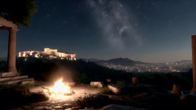 Space universe exploration, fantasy, mysterious. A nighttime landscape photograph depicts the Parthenon temple atop a hill, illuminated by the Milky Way galaxy.
