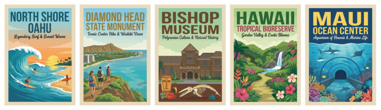Vintage hawaii travel poster set. Including north shore oahu, diamond head, bishop museum, tropical bioreserve, and maui ocean center. Retro vector illustration.