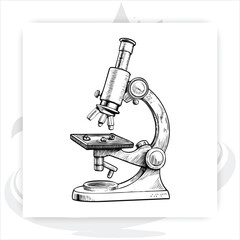 Bright blue cartoon microscope with rotating lens turret for scientific research and observation, © kamdesign