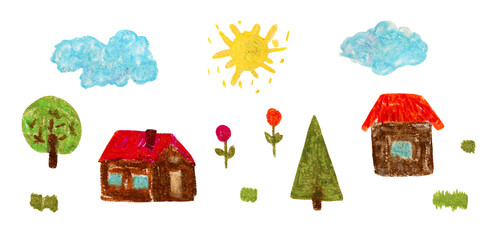 Set of cute colorful oil pastel crayon drawing houses, trees, flowers, clouds and sun. Childish pencil hand drawn village and farm elements for map design, banners, surface, kids patterns, package