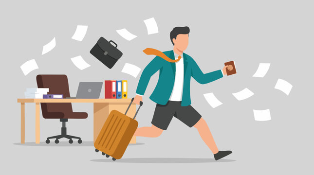 Excited man rushing from office for vacation with passport and suitcase