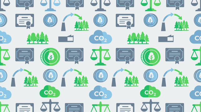Carbon credit icons and emissions trading symbols integrated into a sleek seamless repeating pattern for environmental market
