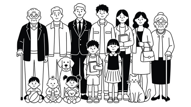 Diverse family members of different generations with pets standing together portrait.