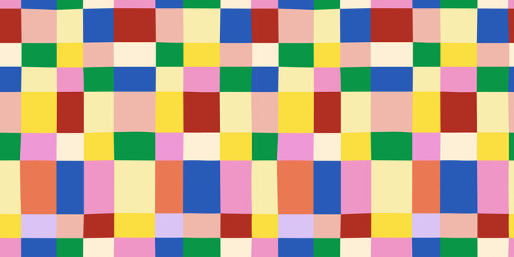 Colorful geometric mosaic seamless pattern. Abstract square patchwork background illustration. Creative irregular grid shape wallpaper print.