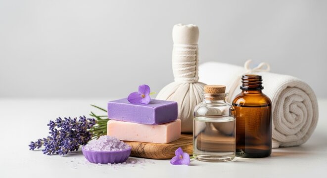 Spa essentials - Lavender soap, essential oils, and rolled towel for relaxation and wellness.