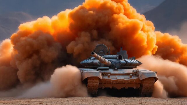 Tank moves through a cloud of dust and smoke during military exercise in a training area