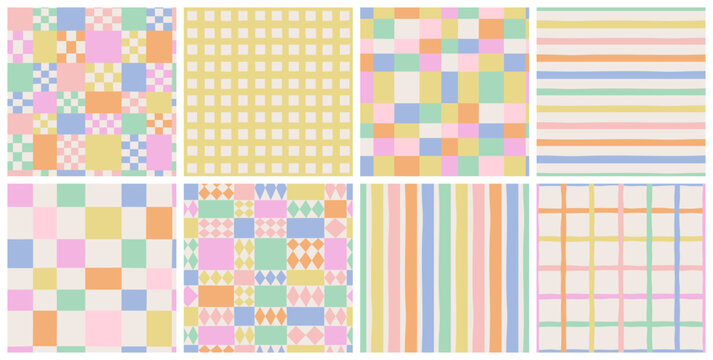 Colorful geometric mosaic seamless pattern set. Abstract square patchwork background illustration collection. Creative pastel color shape wallpaper print.
