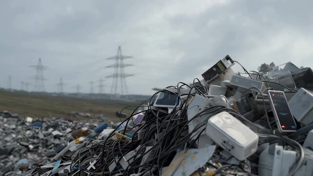 Electronic waste collected in a large dump site near a city during the daytime with various devices scattered
