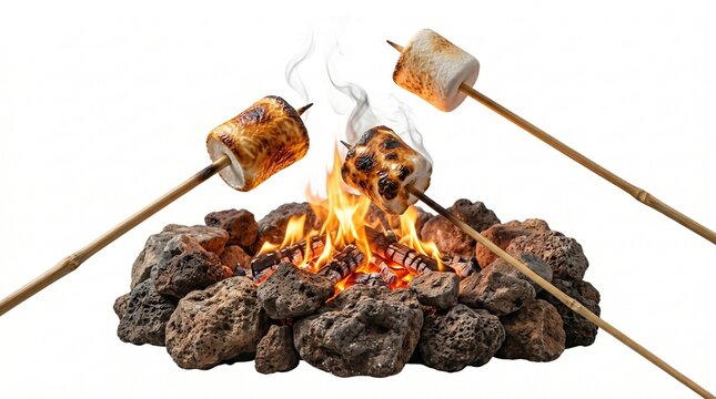 Marshmallows roasting on wooden stick over open campfire. Sweet food item cooking on hot flame of bonfire in summer. Outdoor camping activity and dessert preparation concept.