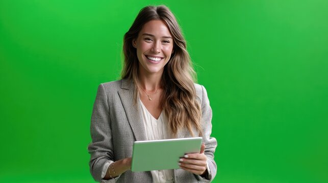 Professional Woman with Tablet: A confident and poised woman stands, holding a tablet, exuding professionalism against a vibrant green backdrop. Capturing a blend of tech-savviness.