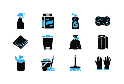 Collection of cleaning supplies icons for household chores and hygiene