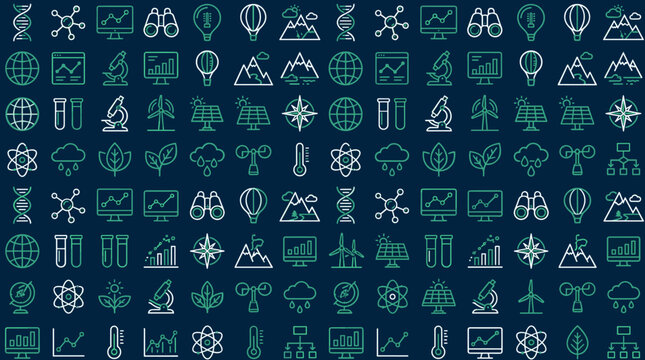 Climate research icons and environmental data symbols arranged in a sophisticated seamless repeating pattern for university themes