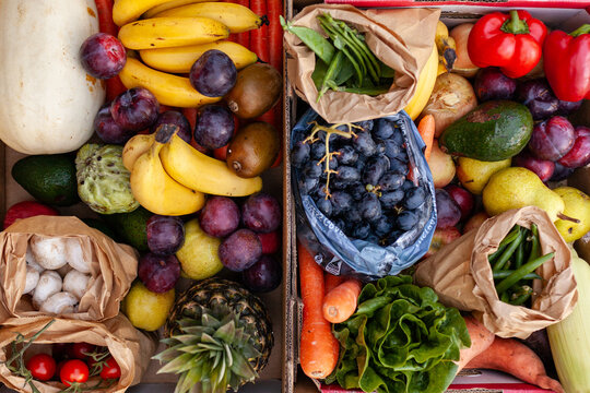 Box of fresh fruit and vegetables for the week