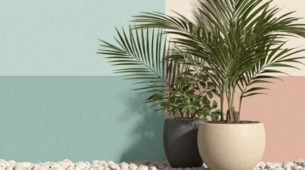 Obraz premium Indoor potted tropical foliage placed on white pebbles against a pastel color block background