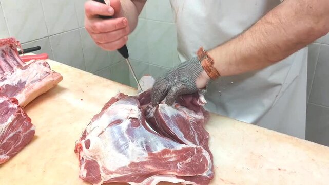 Male butcher skillfully cuts and prepares raw pork meat on a wooden table in a clean kitchen environment with tiled walls and visible meat cuts