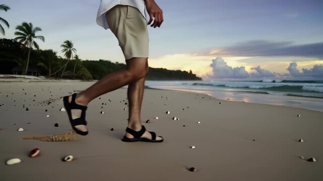 Man in sandals and shorts walks along a tropical beach at sunset, enjoying the peaceful seaside landscape with palm trees.