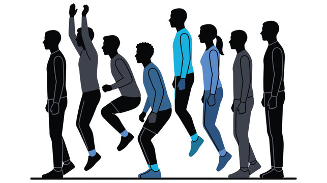 Sequence of silhouettes showing man jumping from standing to crouching position then leaping up.