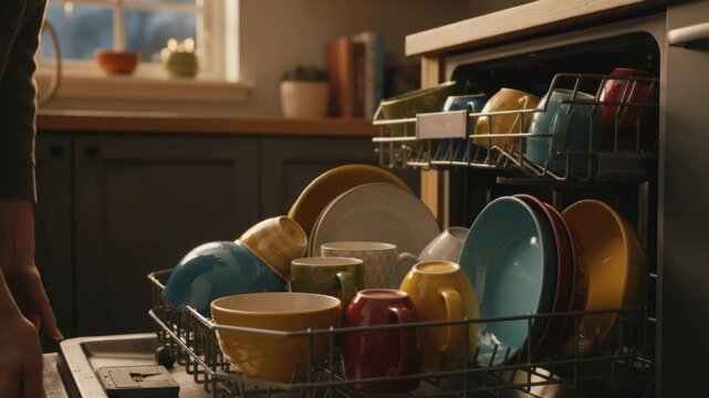 Neatly arranging colorful mugs and bowls in the dishwasher for a delightful kitchen cleanup