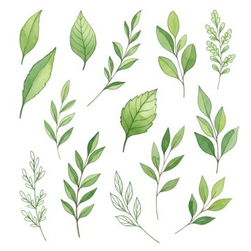 Watercolor green leaves and botanical sprigs set on white background
