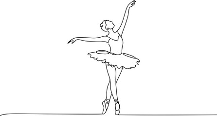 Elegant ballerina dancer performing a graceful dance pose in a continuous single line art style drawing for minimalist modern interior wall art and creative decor © Raj Creator