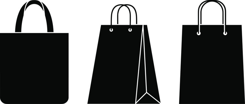 Vector icon set of black shopping bag silhouettes including tote bags and paper handles for retail branding and e-commerce marketing
