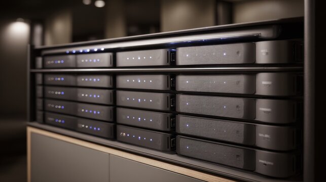 A stack of perfectly aligned dark grey data drives in a technology rack