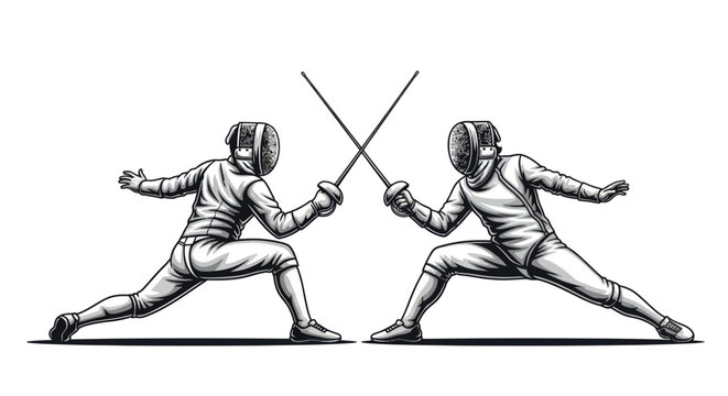 Fencing illustration with two athletes dueling in combat sport pose